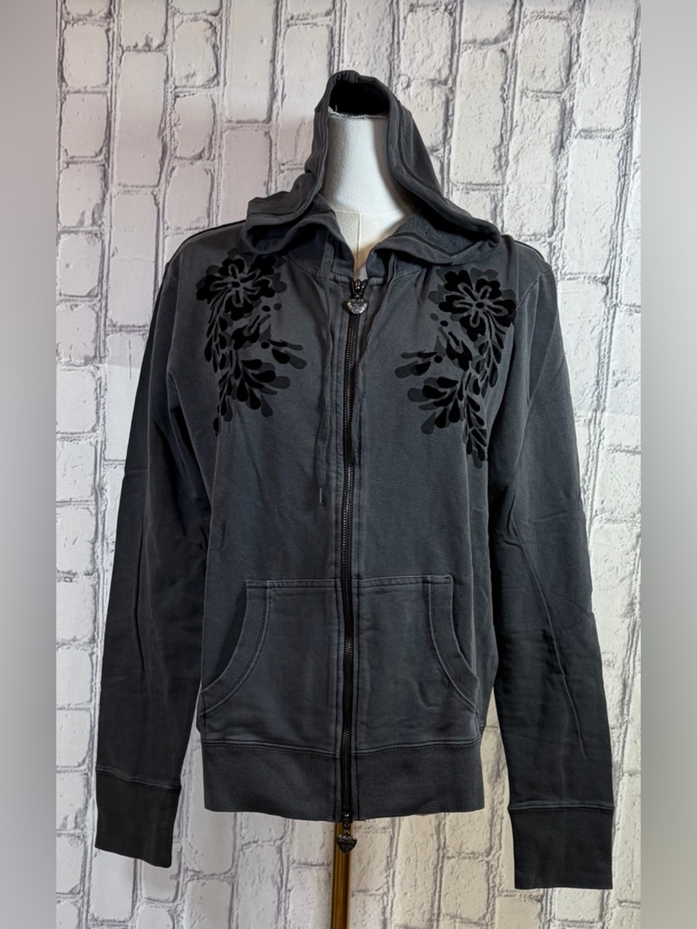 Vertigo Size:L Women's Gray Hoodie Lightweight Floral Velvet Print
